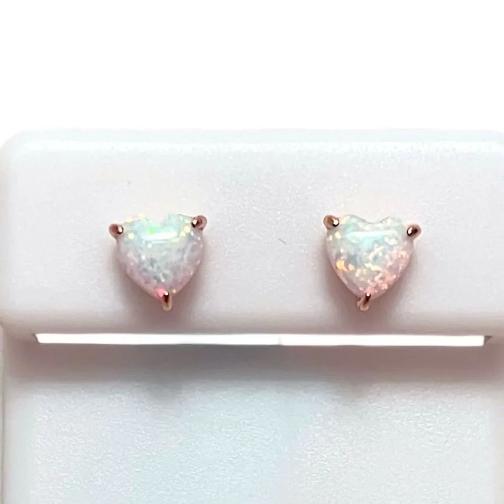 Rose Gold Over Sterling Silver 6MM Heart Lab White Opal Stud Earrings